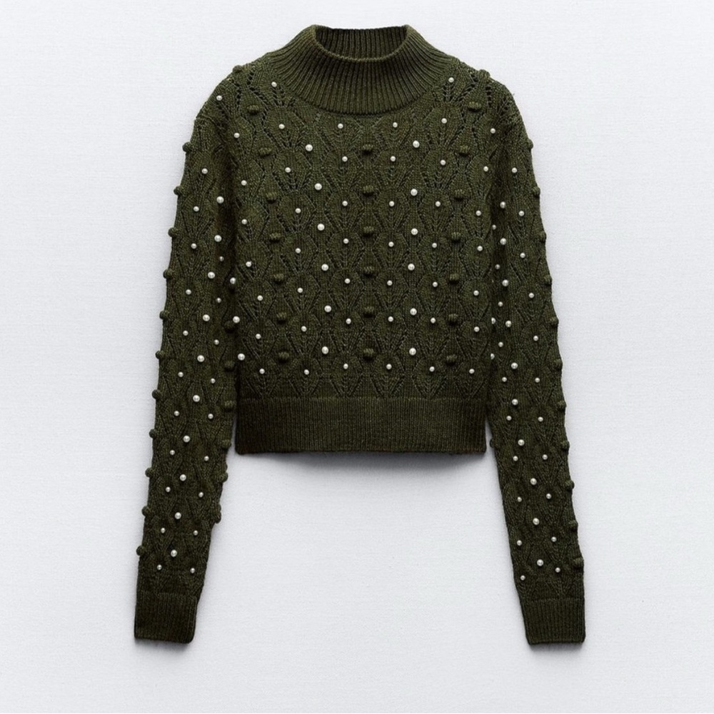 Zara NWT knit open back pearl dark green sweater